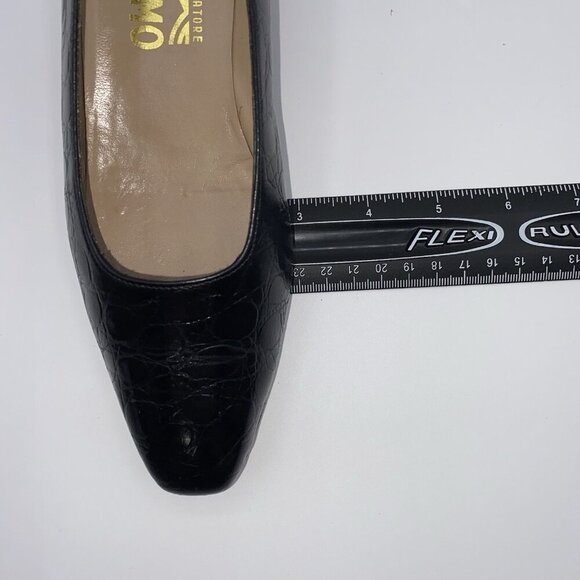Salvatore Ferragamo Black Leather Croc Print Low Block Heel Slip-On 7.5AA Shoes - Picture 10 of 16